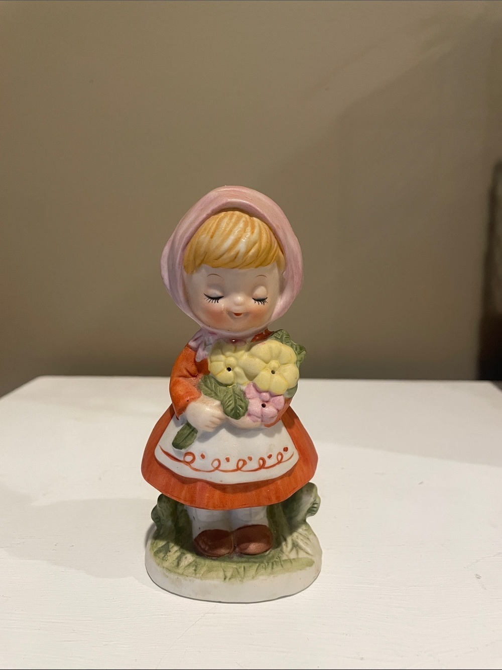 Vintage Girl Figurine Holding Flowers - Pink, Orange, Yellow